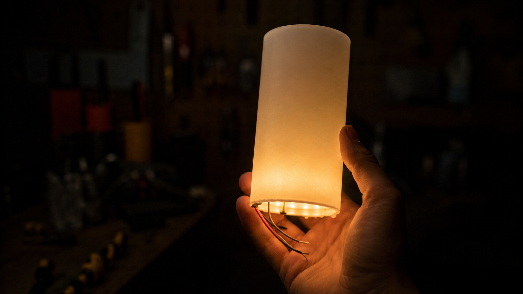 A hand holding one thermoformed UHMW PE lamp column in a dark workshop, warm LEDs glowing through the frosted wall, wires trailing from the open bottom