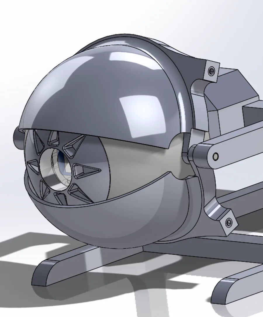 CAD render of the eyeball mounted in its frame with the eyelid shells wrapped around it
