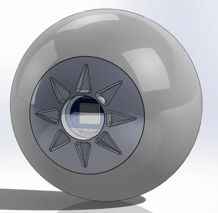 CAD render of the assembled eyeball from the front: iris snapped in, RGB LED board visible through the transparent pupil