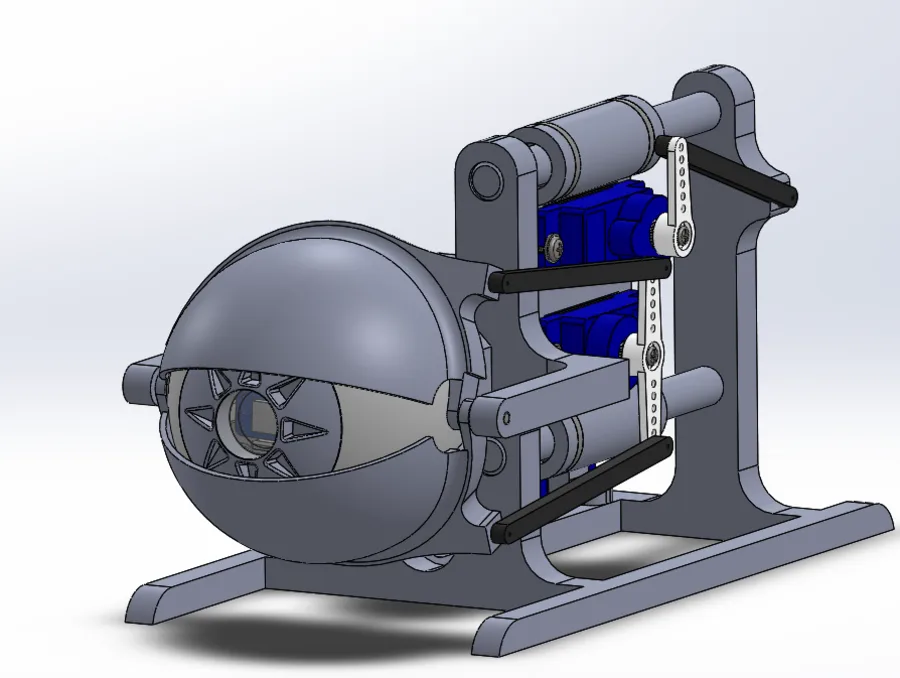 CAD render of the complete single-eye mechanism: eyeball assembly with iris and pupil, separate eyelid shells, the eyelid carriage on two rods, four servos with linkages, all on a printed base