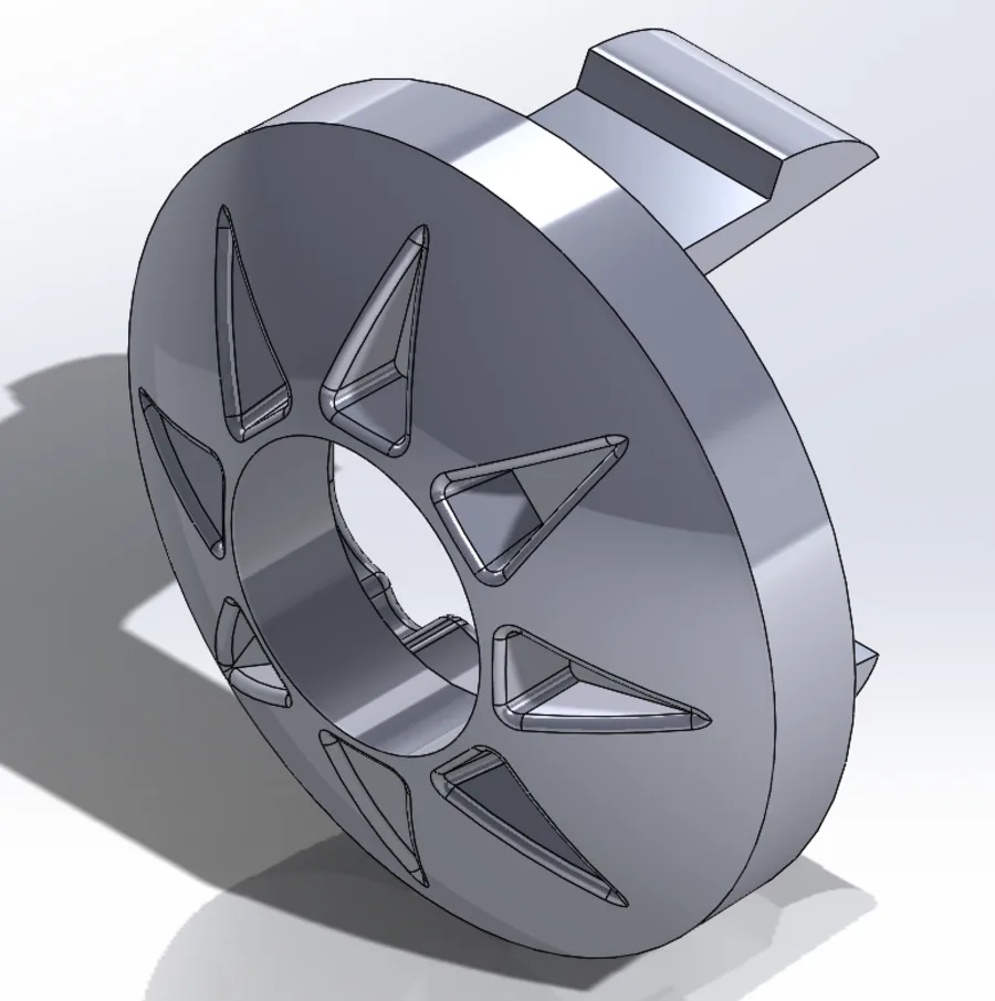 CAD render of the iris with its cutout pattern and cantilever snap arms