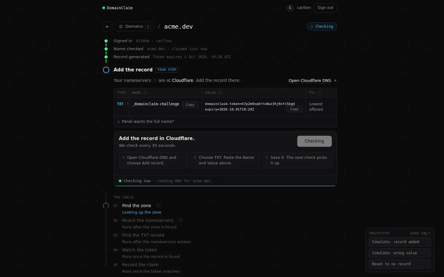 Concept 01, rail and drawer: the claim screen at desktop width