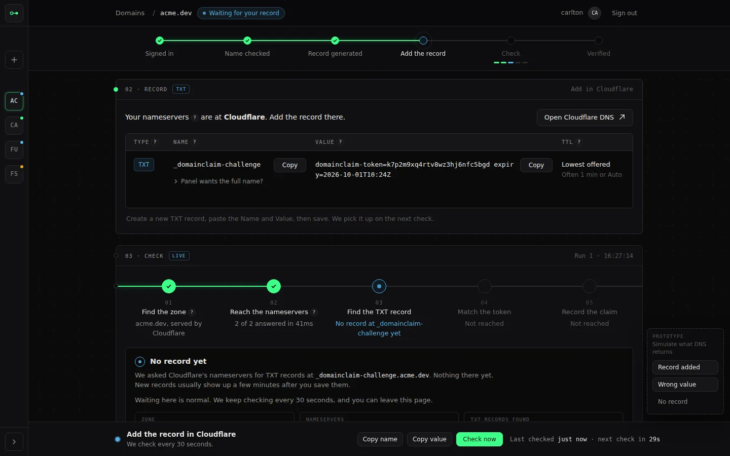 Concept 02, scrolling timeline: the claim screen at desktop width