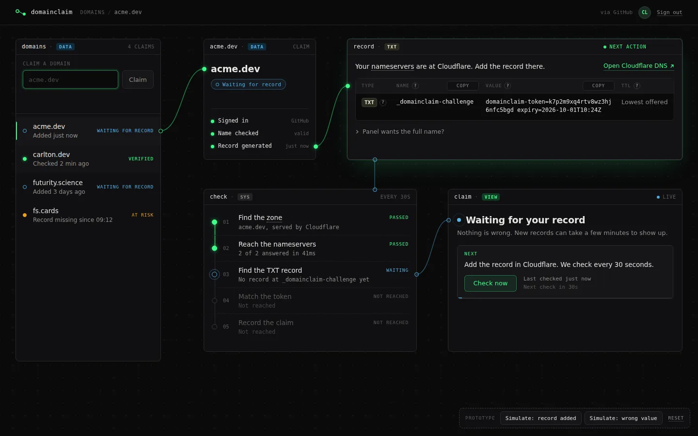 Concept 03, patch network: the claim screen at desktop width