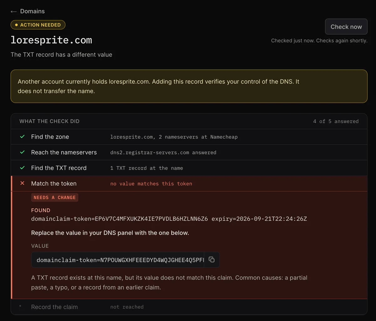 The first pass of the claim screen: the five steps as a list, with the failing step open to show the value found, the value to use, and why they differ