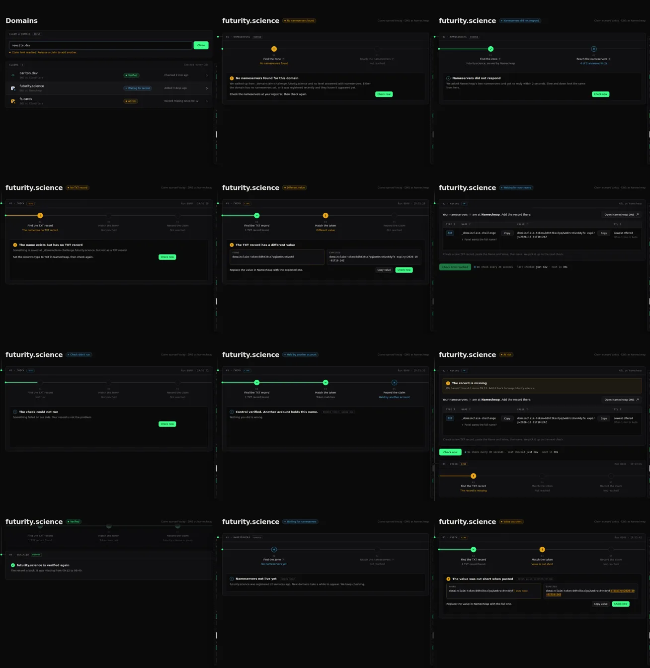 Every claim state in the prototype, laid out after the audit against the backend's types
